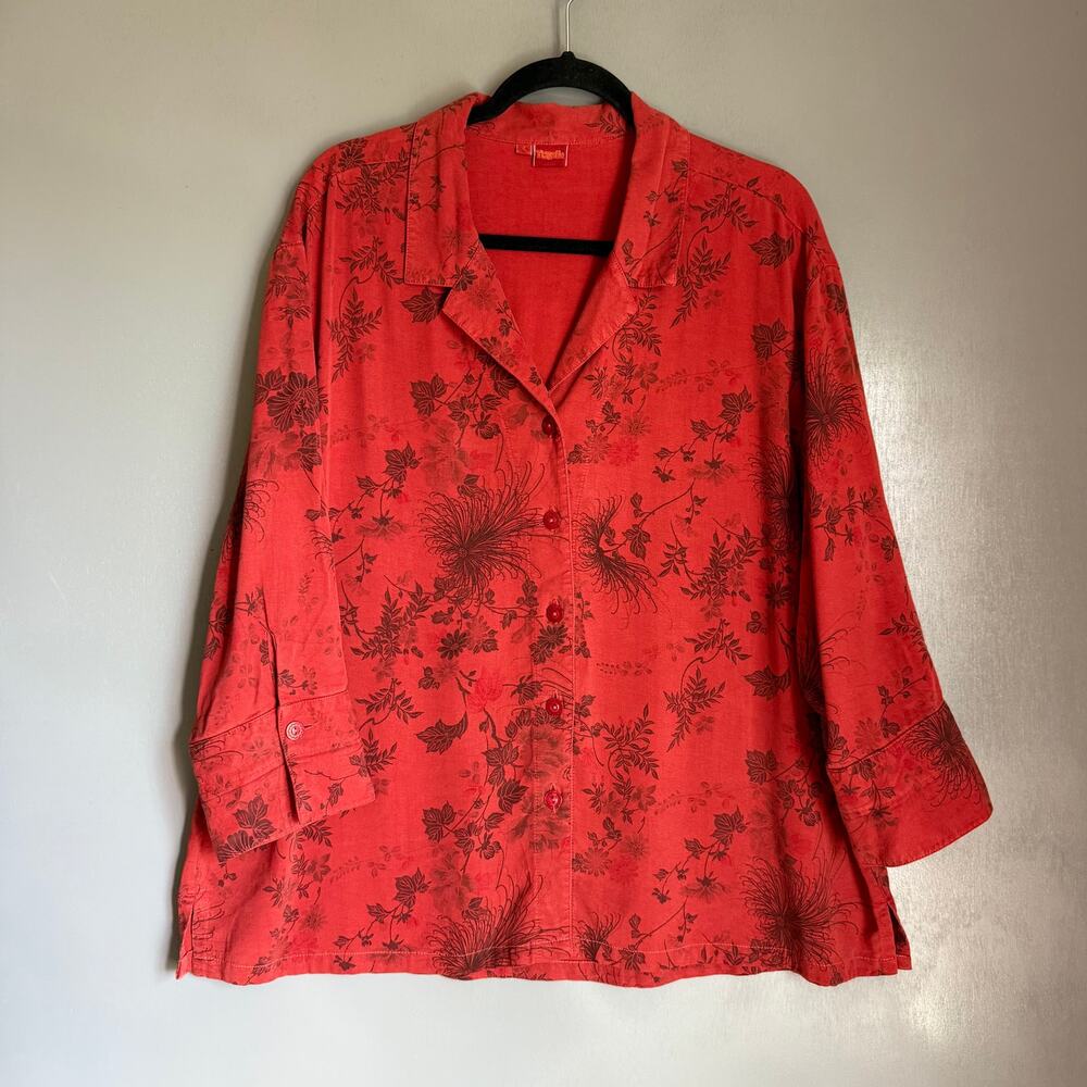 Vintage TIANELLO Women's Large Red Floral Tencel Button Up Blouse Boho Hippie
